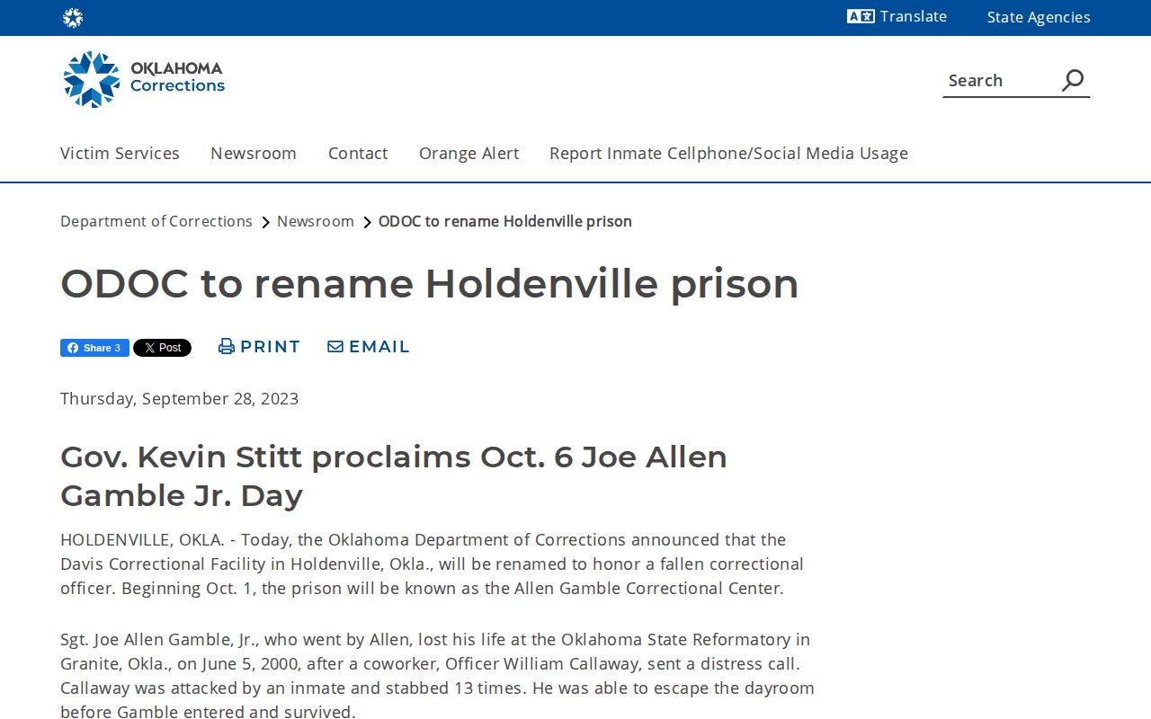 Allen Gamble Correctional Center renaming and offender release lookup context