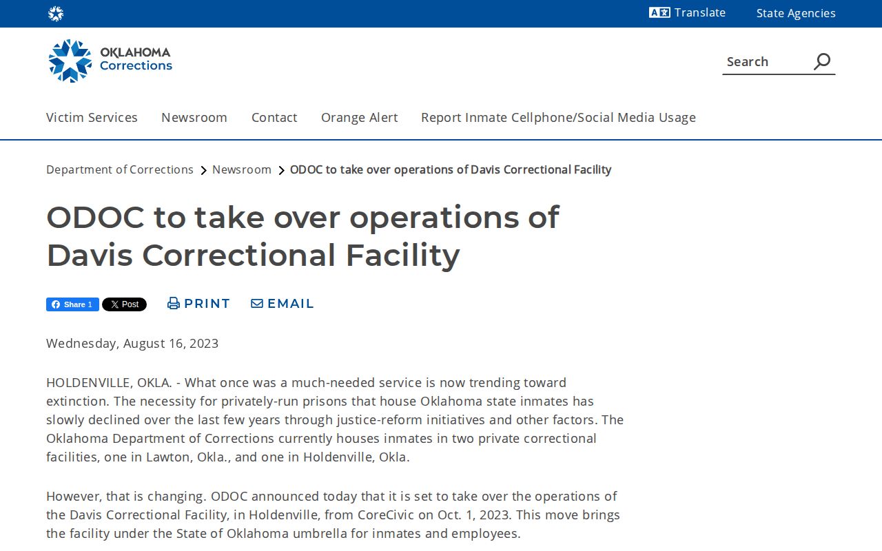 Allen Gamble Correctional Center ODOC takeover and release-record context